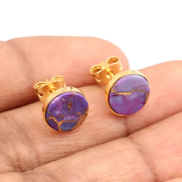 Hot Selling Amazing Natural Purple Copper Turquoise Gemstone 925 Sterling Silver Gold Plated Stud Earrings Design For Women