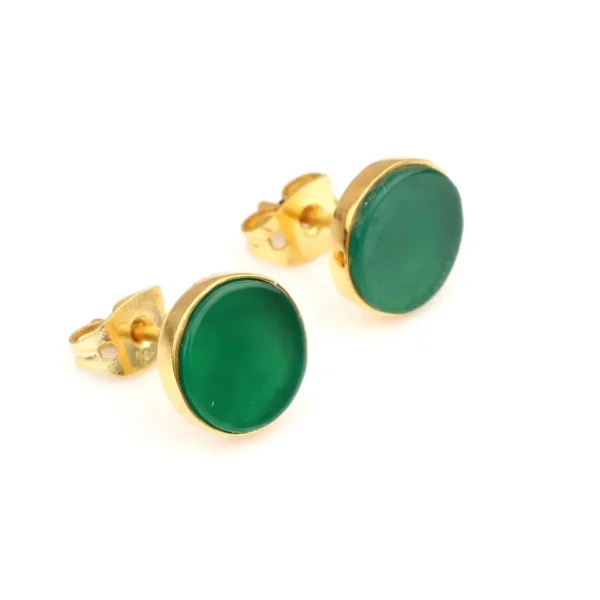 Impressive Design Natural Green Onyx Gemstone 925 Sterling Silver Jewellery 18k Gold Plated Round Shape Stud Earrings - Image 4