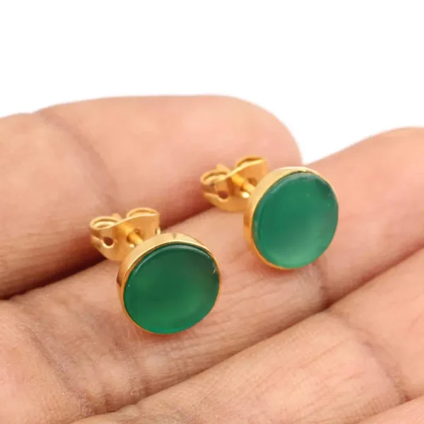 Impressive Design Natural Green Onyx Gemstone 925 Sterling Silver Jewellery 18k Gold Plated Round Shape Stud Earrings