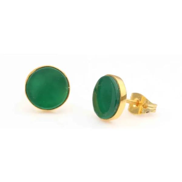 Impressive Design Natural Green Onyx Gemstone 925 Sterling Silver Jewellery 18k Gold Plated Round Shape Stud Earrings - Image 2