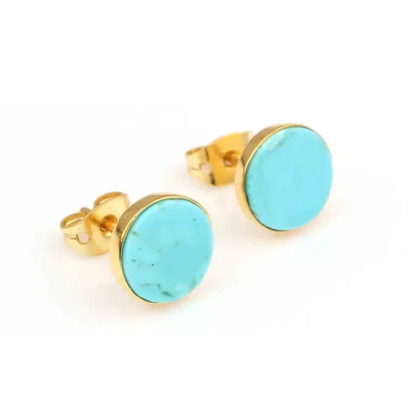 Natural Gemstone Arizona Turquoise Round Shape Indian Jewellery 925 Sterling Silver Bezel Gold Plated Stud Earring - Image 4