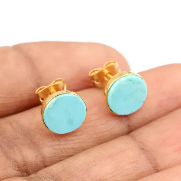 Natural Gemstone Arizona Turquoise Round Shape Indian Jewellery 925 Sterling Silver Bezel Gold Plated Stud Earring