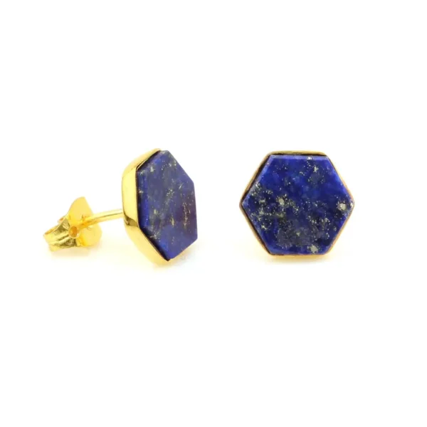 Natural Hexagon Shape Stud Earrings Natural Lapis Lazuli Gemstone Earrings Gold Plated 925 Sterling Silver Jewellery Stud Earrings - Image 4