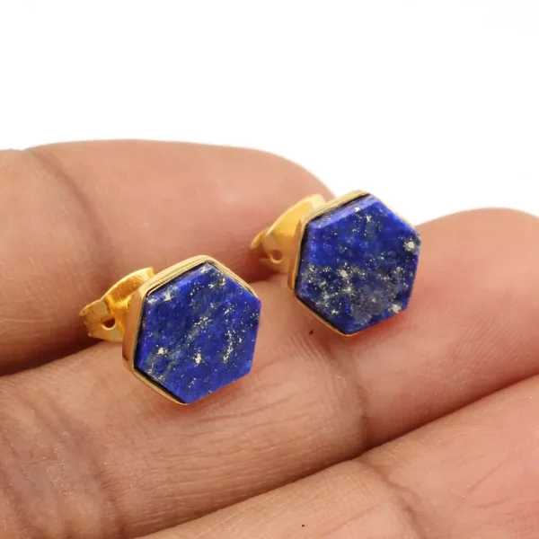 Natural Hexagon Shape Stud Earrings Natural Lapis Lazuli Gemstone Earrings Gold Plated 925 Sterling Silver Jewellery Stud Earrings