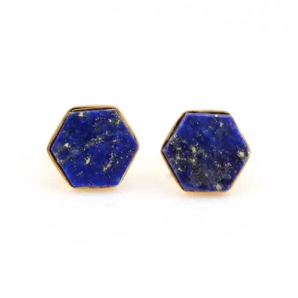Natural Hexagon Shape Stud Earrings Natural Lapis Lazuli Gemstone Earrings Gold Plated 925 Sterling Silver Jewellery Stud Earrings - Image 2