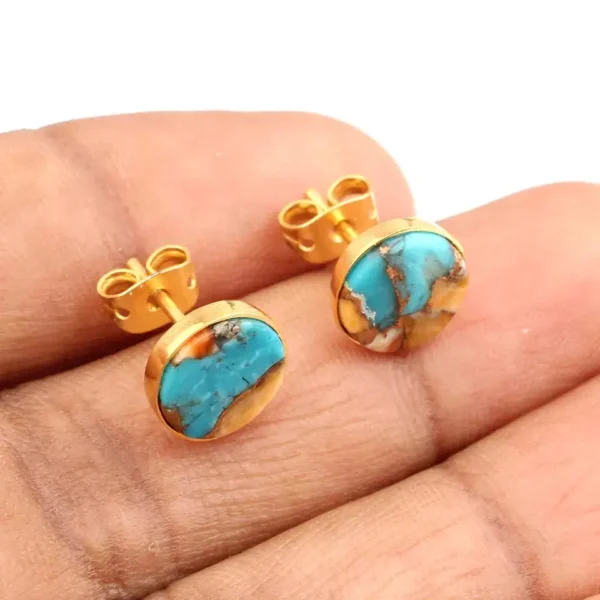 Natural Oyster Copper Turquoise Gemstone Earring For Women Wedding Gift Handmade 925 Sterling Silver Gold Plated Stud Earring