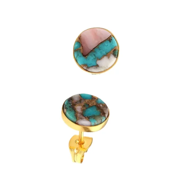 Trendy stud earring pink earrings turquoise opal copper sterling silver bezel natural round pink & blue stud earrings - Image 3