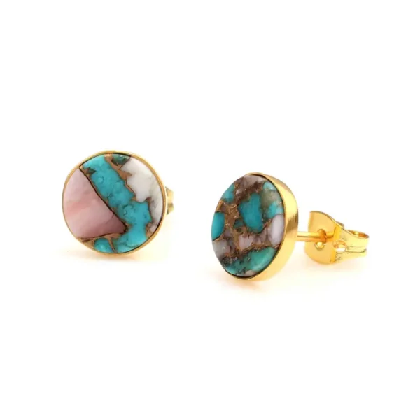 Trendy stud earring pink earrings turquoise opal copper sterling silver bezel natural round pink & blue stud earrings - Image 2